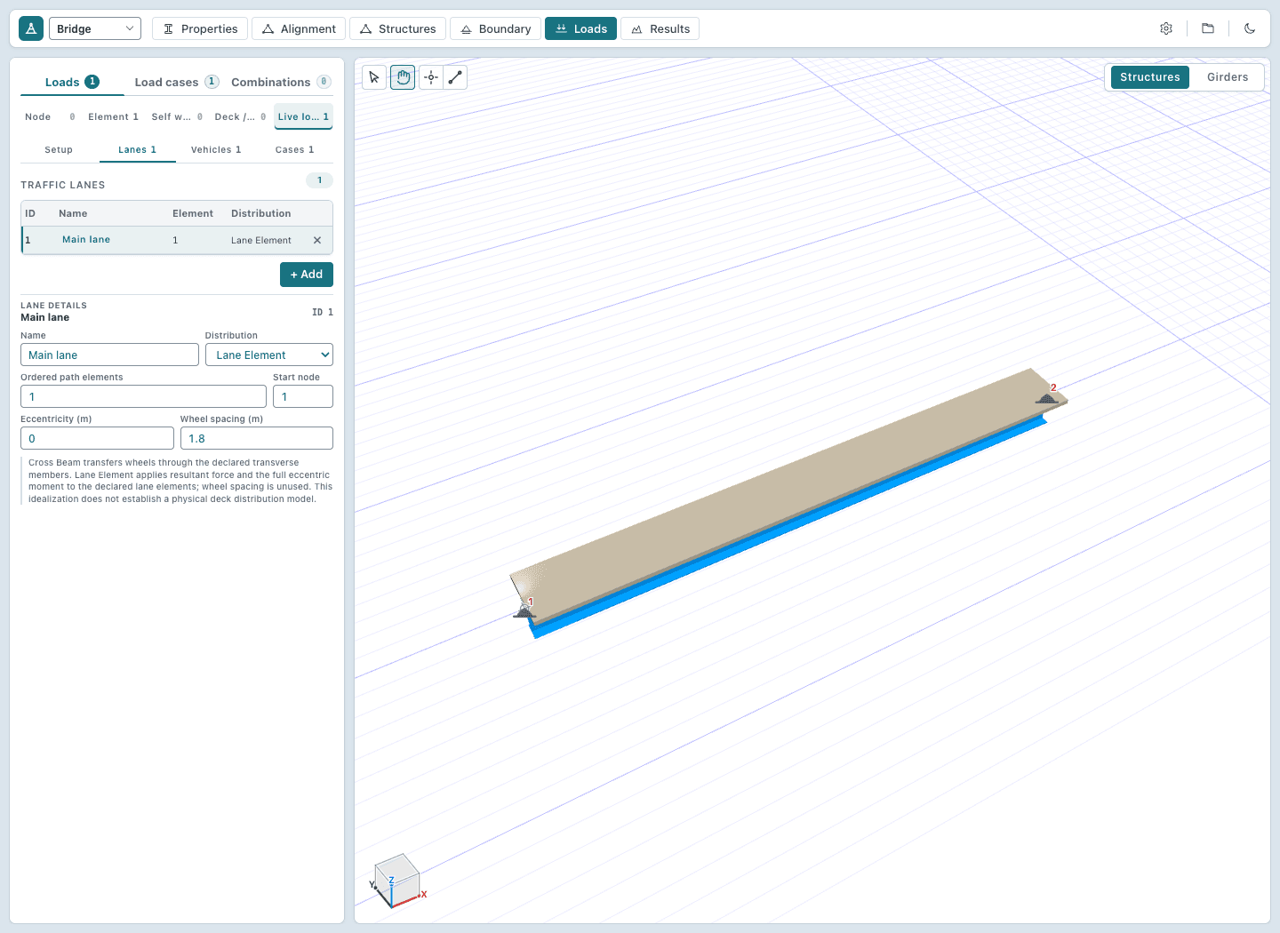 Steel bridge analysis workspace showing a parametric bridge model and load-lane controls